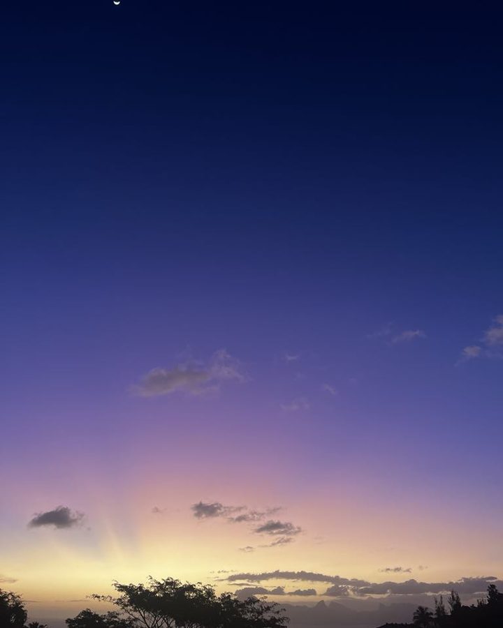 A violet and pink sky at sunrise, with clouds lit from below the horizon.
