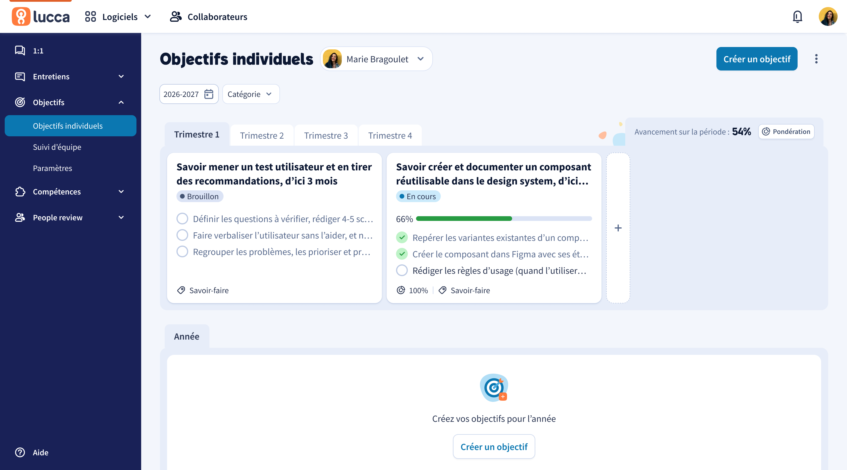 Preview of the new Individual objectives page: objectives grouped by quarter, each card showing its status, steps and progress.